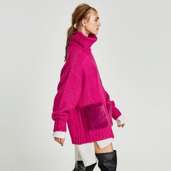 Zara Pink Oversized Ribbed Faux Fur Turtleneck Alpaca Knit Sweater - Picture 3 of 11